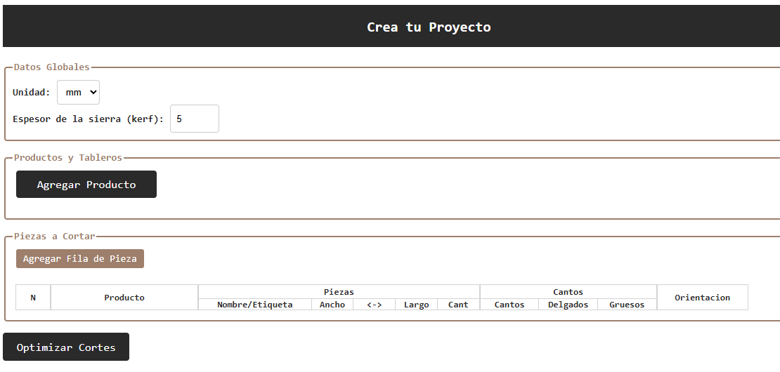 Interfaz de software para cortes de OPTICORTE